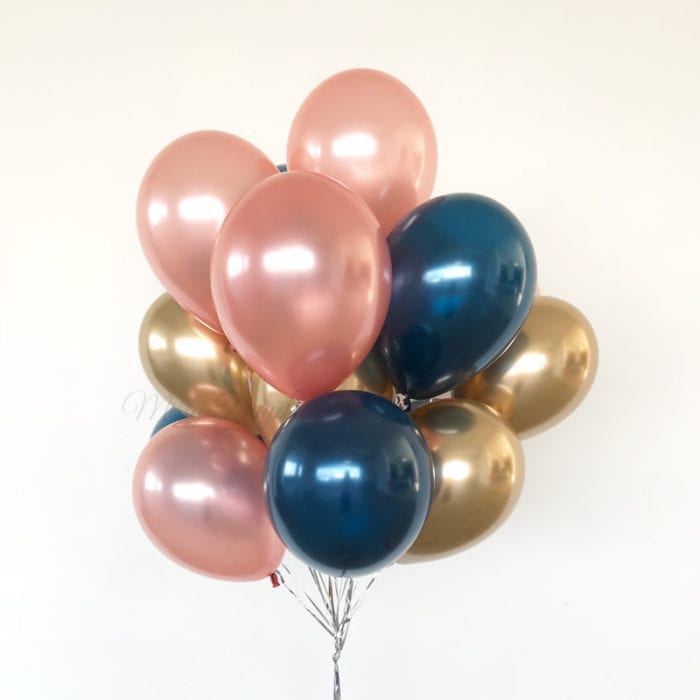 Rose Gold, Midnight Blue, Chrome Gold Helium Balloons Bouquet