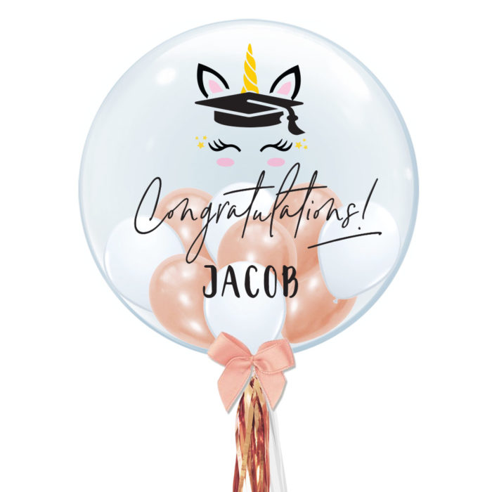 Personalised Bubble Balloon Graduation Gift Congratulations Custom Name Customisation Unicorn Illustration
