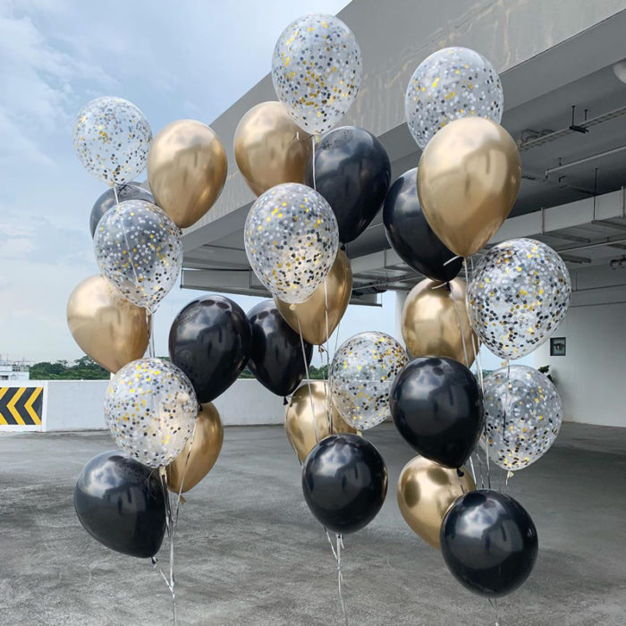 Gold Black Cascading Confetti Chrome Helium Balloons Bouquet