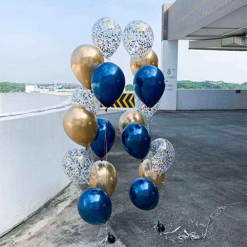 Gold Blue Cascading Confetti Chrome Helium Balloons Bouquet