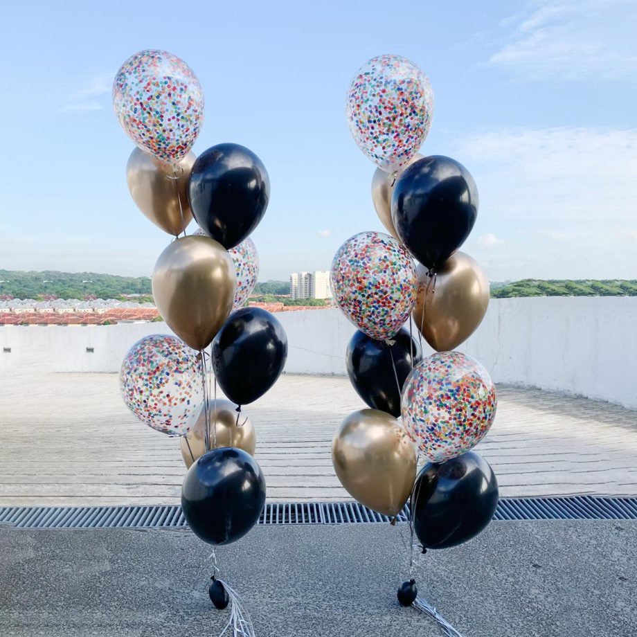 Black Gold Cascading Confetti Chrome Helium Balloons Bouquet