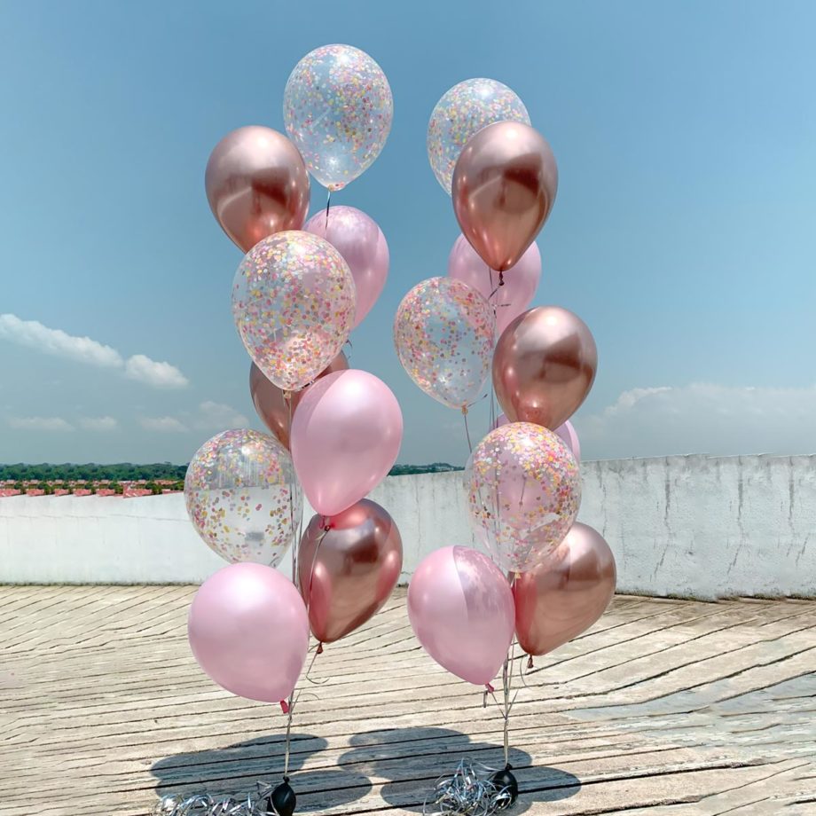Rose Gold Pink Cascading Confetti Chrome Helium Balloons Bouquet