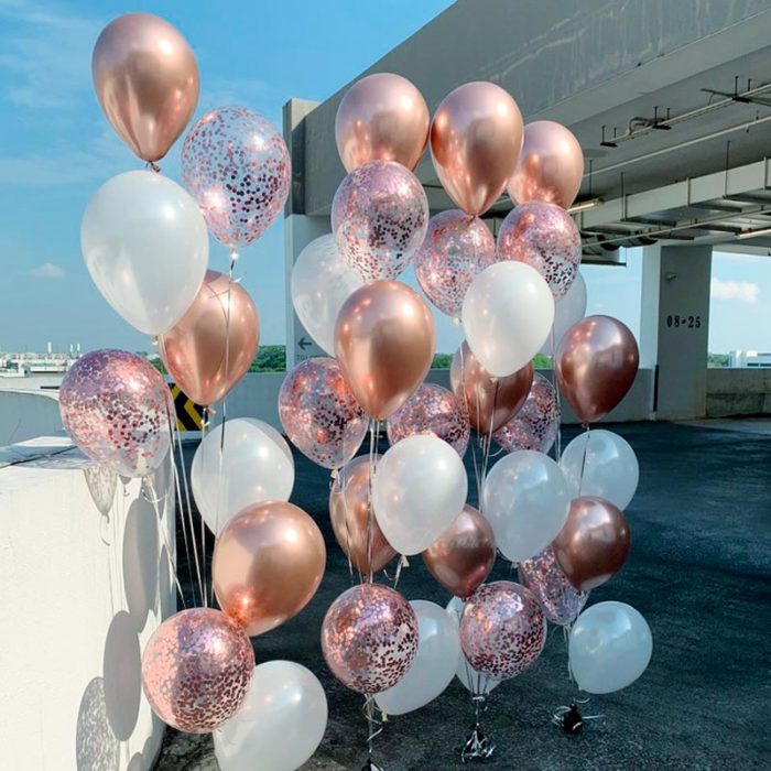 Rose Gold Cascading Confetti Chrome Helium Balloons Bouquet