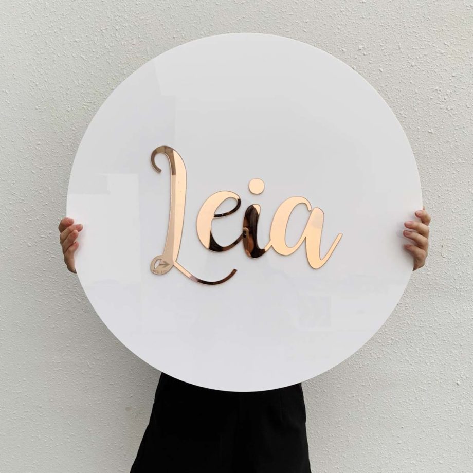 Round White Acrylic with Rose Gold Text