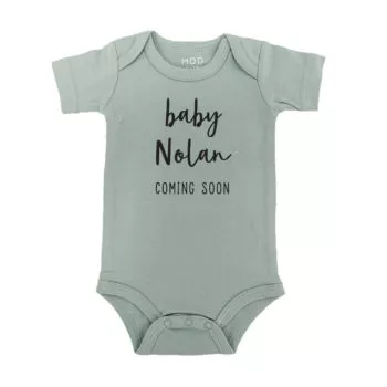 Custom Name Baby Onesie Romper Baby bodysuit Pregnancy Announcement Design Sage Color