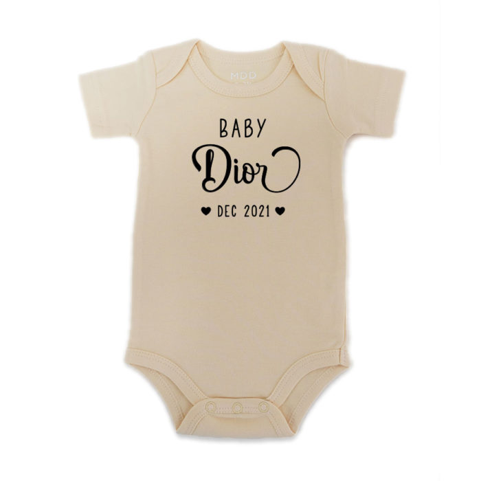 Custom Name Baby Onesie Romper Baby bodysuit Pregnancy Announcement Design Ivory Color