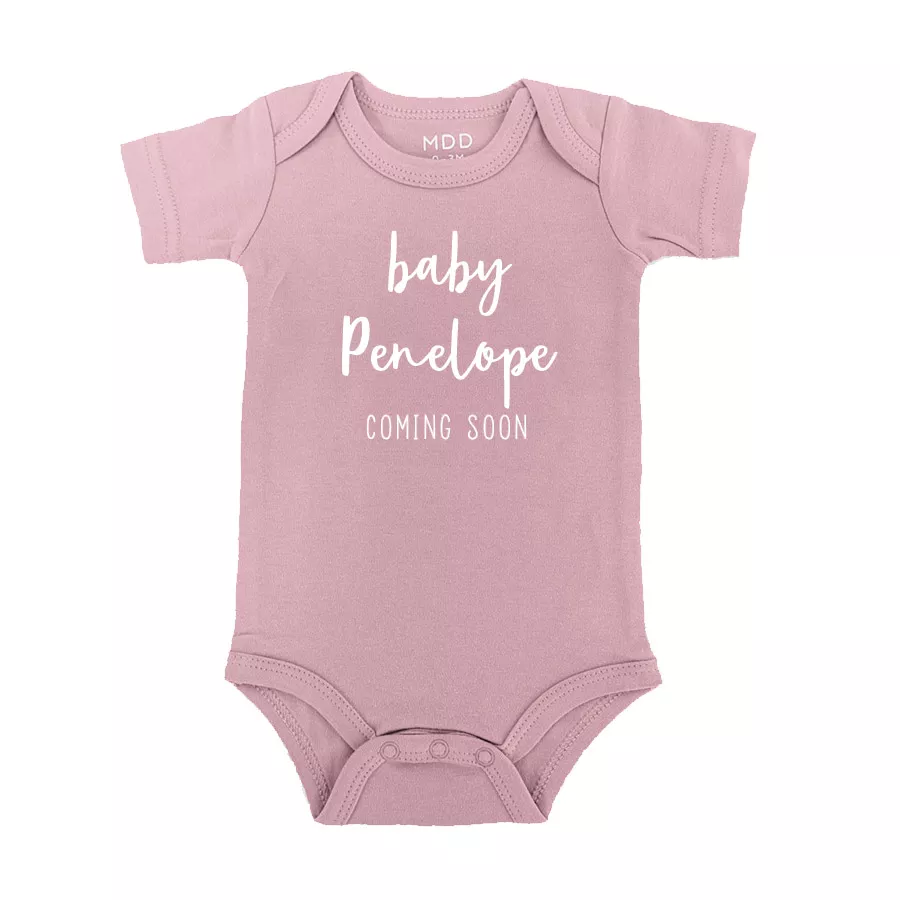 Custom Name Baby Onesie Romper Baby bodysuit Pregnancy Announcement Design Rose Pink Color