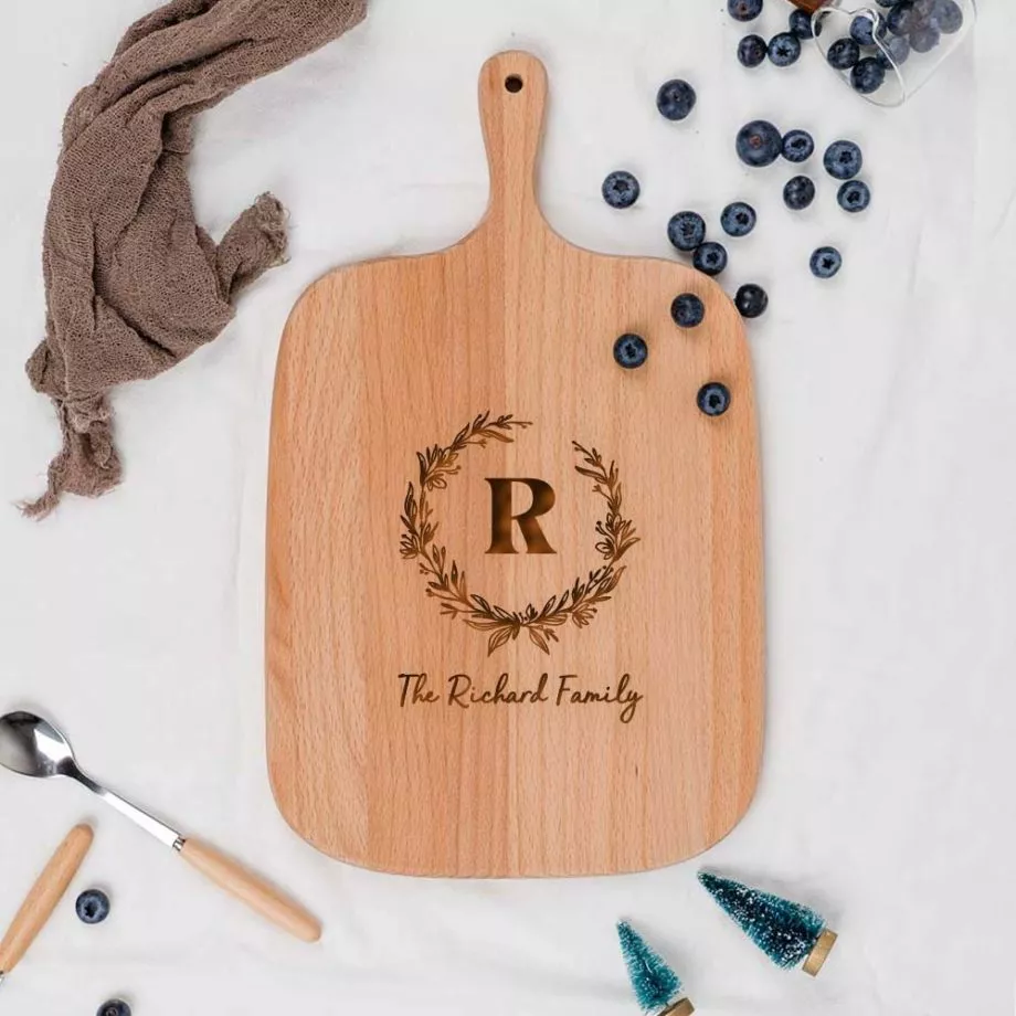 Custom Initial Custom Name Christmas Gift Engraved Wooden Cutting Board -Christmas Floral Design