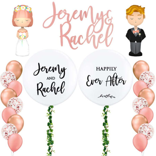 'Wedding combo set 2' - 2x Customised 36inch Floral Garland Balloon + 2x 9pcs Confetti, Chrome & Plain Latex + Backdrop Signage Banner + Bride & Groom Foil Balloon