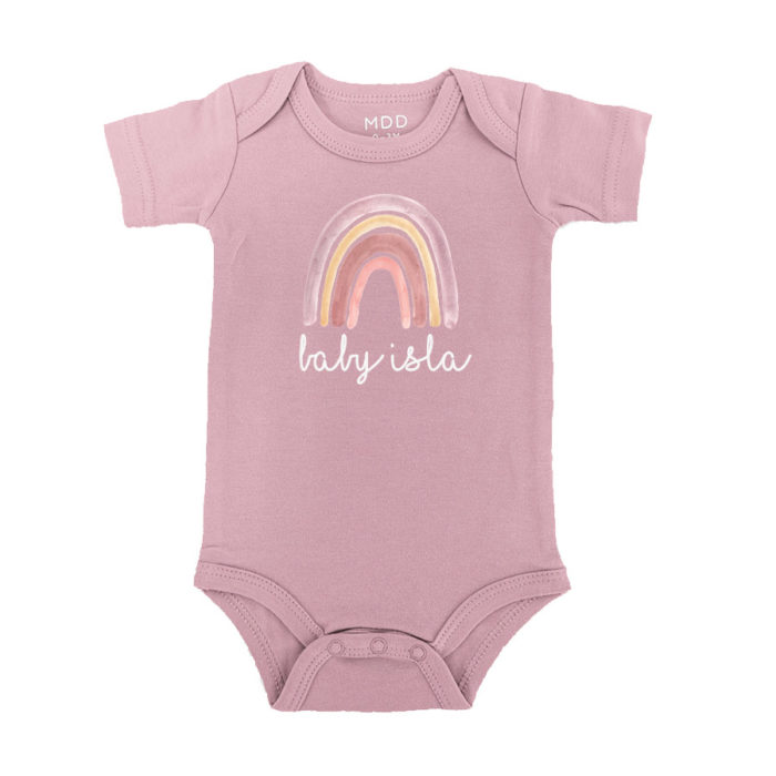 Custom Name Baby Onesie Romper Baby bodysuit Rose Pink Watercolor Rainbow