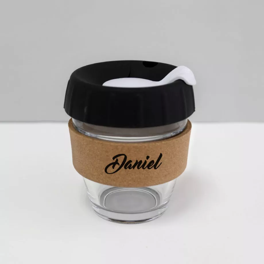 8oz coffee cup with custom name black lid white plug