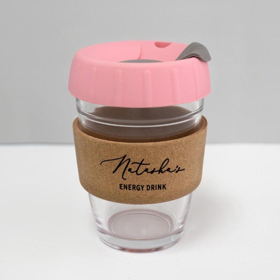 12oz coffee keep cup with custom name pink lid dark grey plug