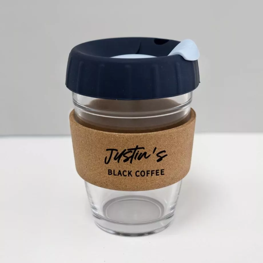 12oz coffee cup with custom name denim blue lid baby blue plug