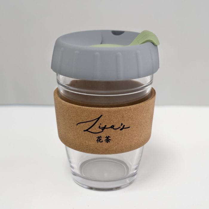 12oz coffee cup with custom name grey lid sage plug
