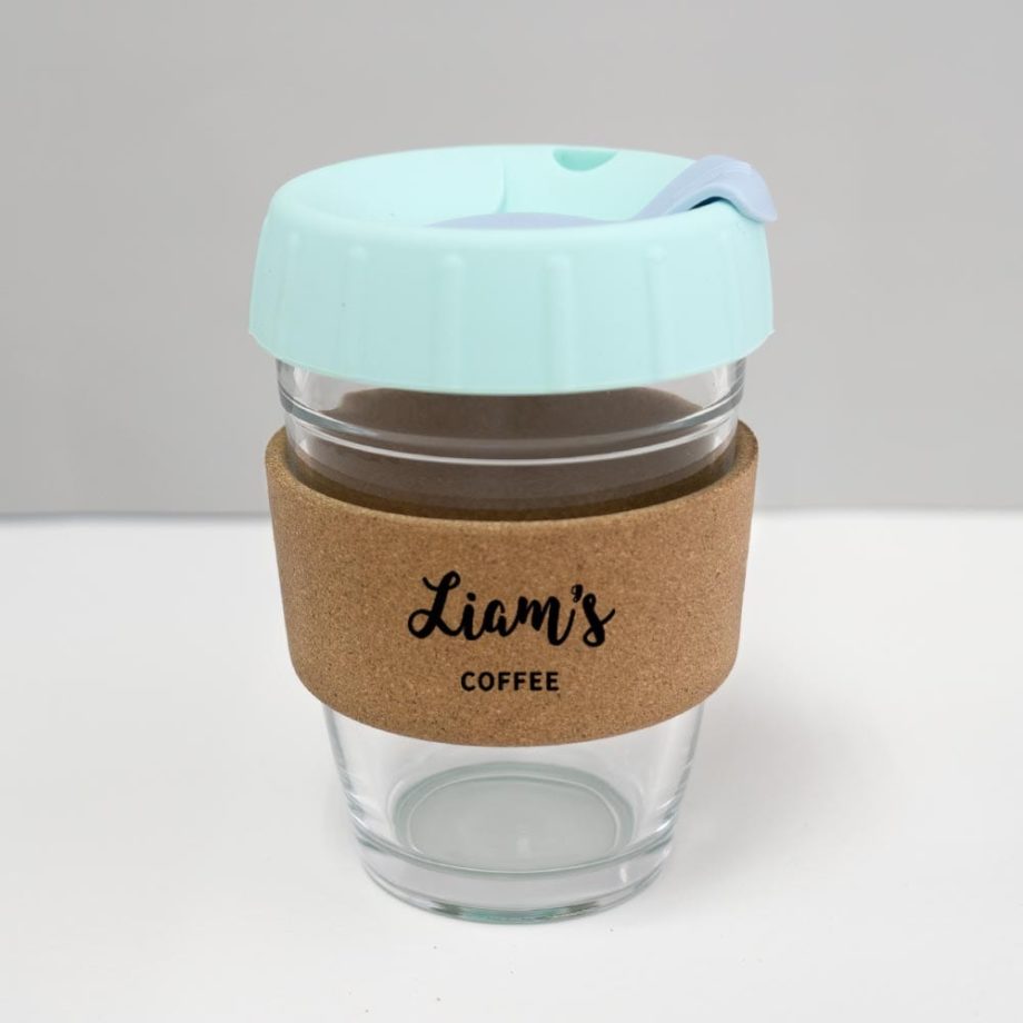 12oz coffee cup with custom name mint lid baby blue plug