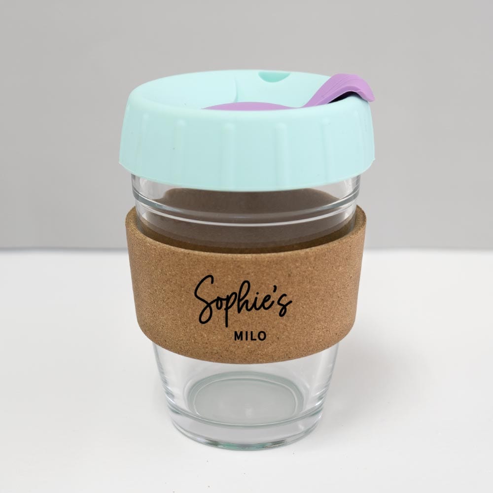 12oz coffee cup with custom name mint lid lilac plug