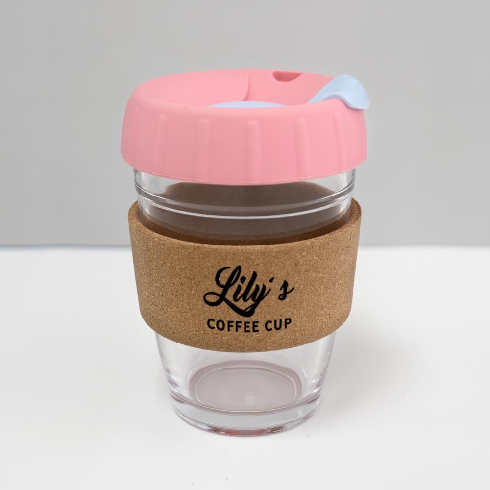 12oz coffee keep cup with custom name pink lid baby blue plug