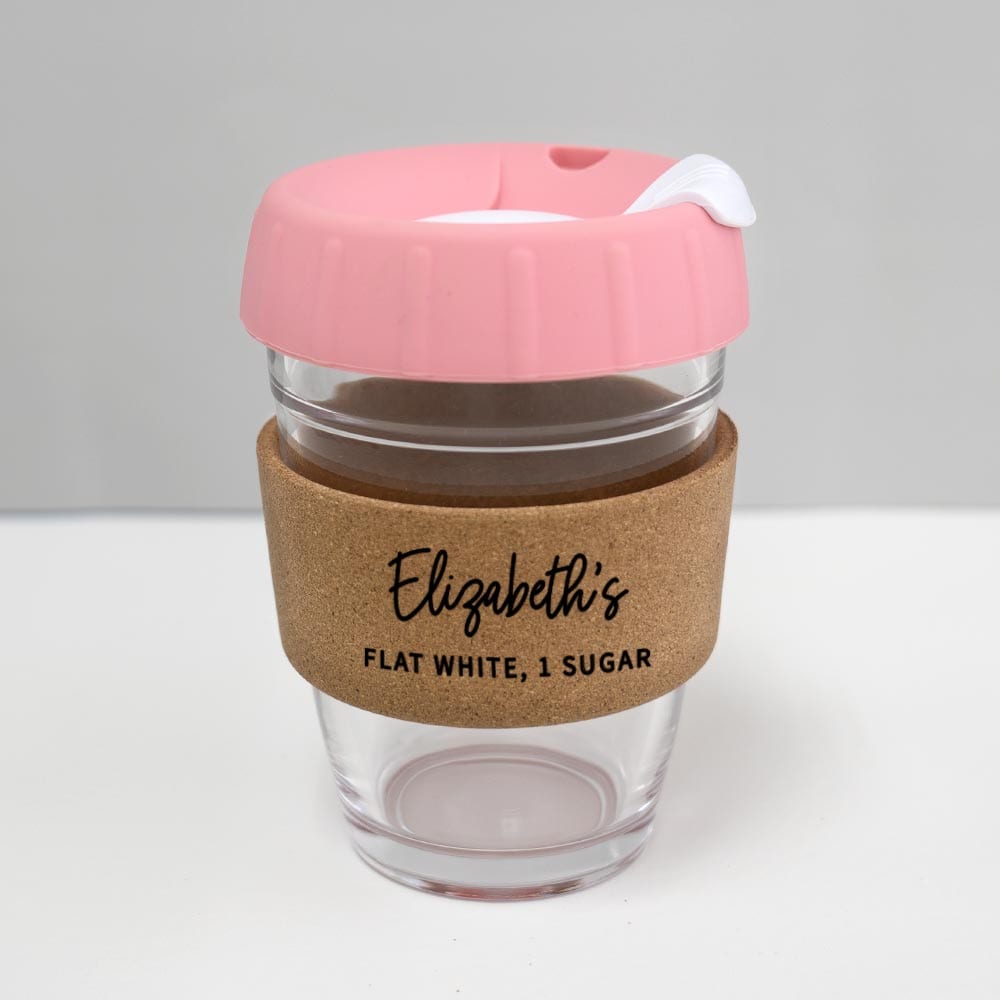 12oz coffee keep cup with custom name pink lid white plug