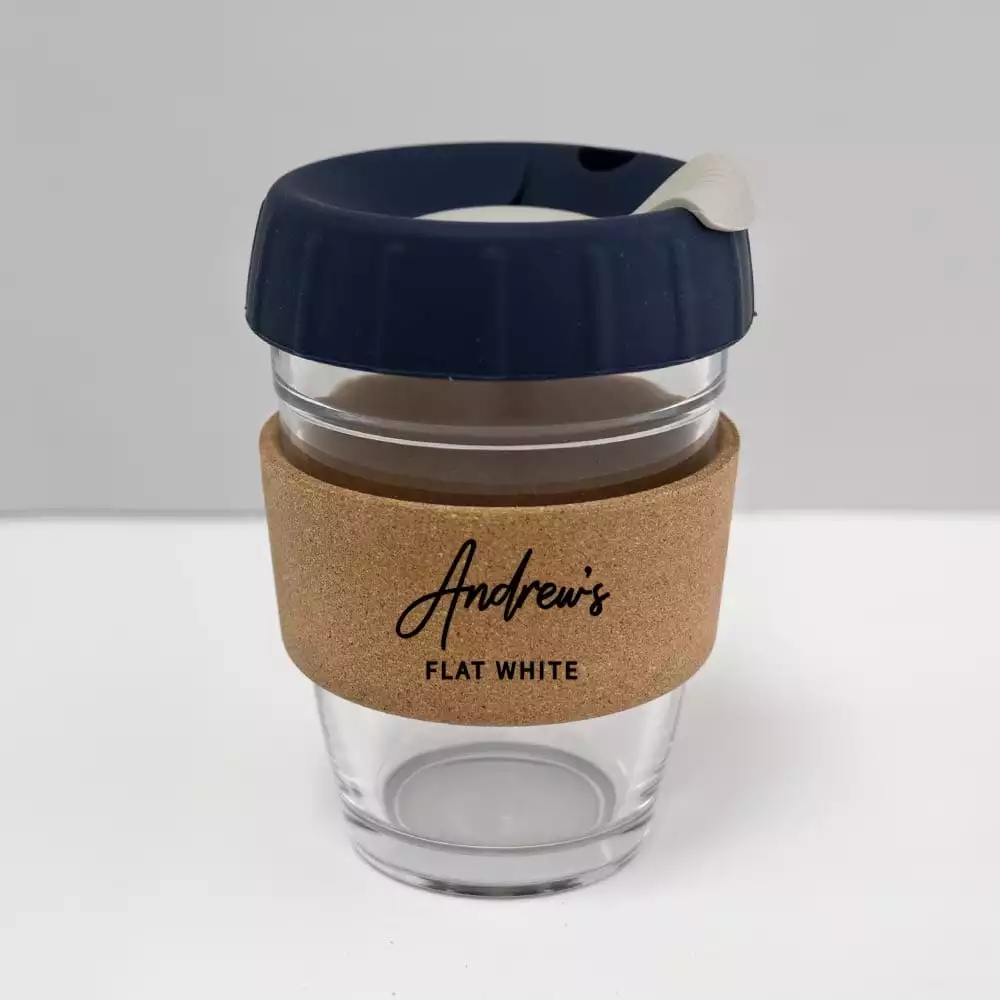 12oz coffee cup with custom name denim blue lid foggy grey plug
