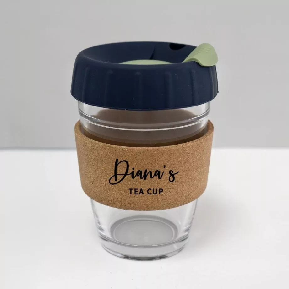 12oz coffee cup with custom name denim blue lid sage plug
