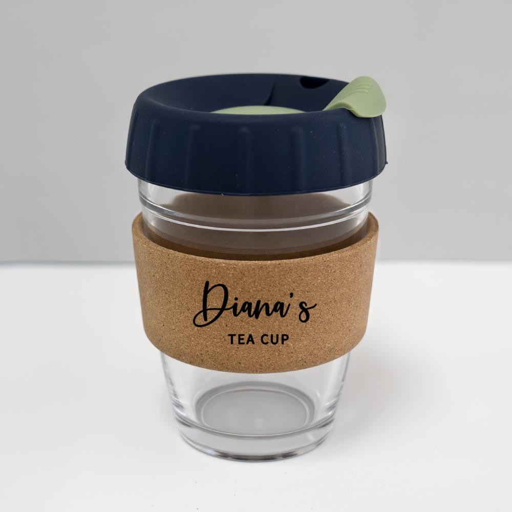 12oz coffee cup with custom name denim blue lid sage plug
