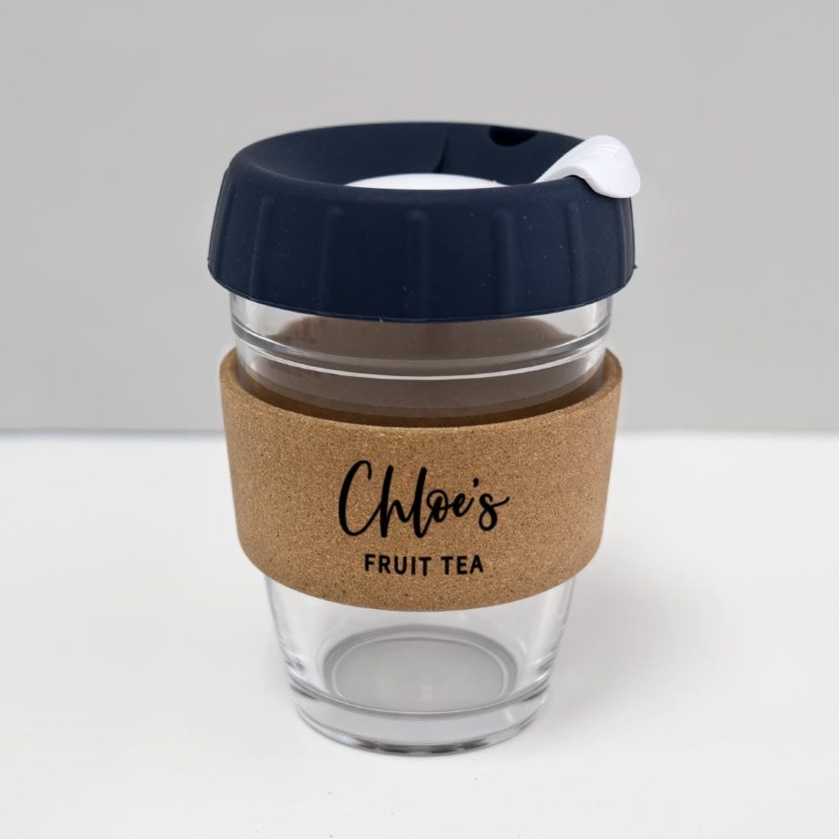 12oz coffee cup with custom name denim blue lid white plug