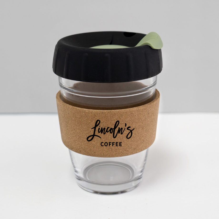 12oz coffee cup with custom name black lid sage plug