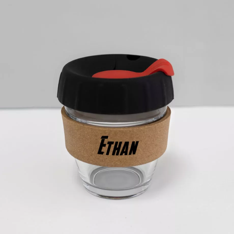 8oz coffee cup with custom name black lid red plug