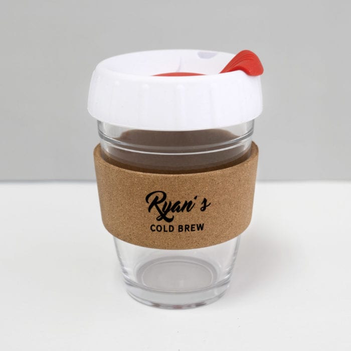 12oz coffee keep cup with custom name white lid RED plug