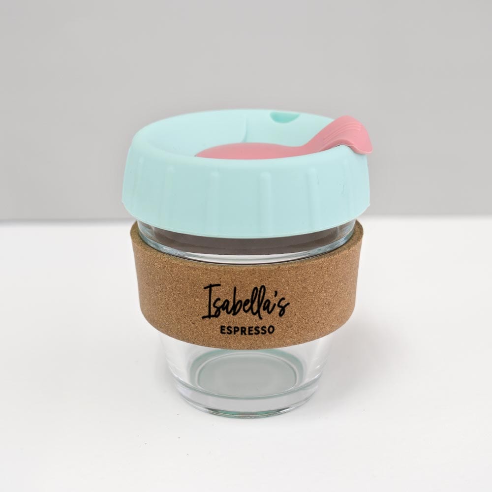 8oz coffee cup with custom name mint lid pink plug