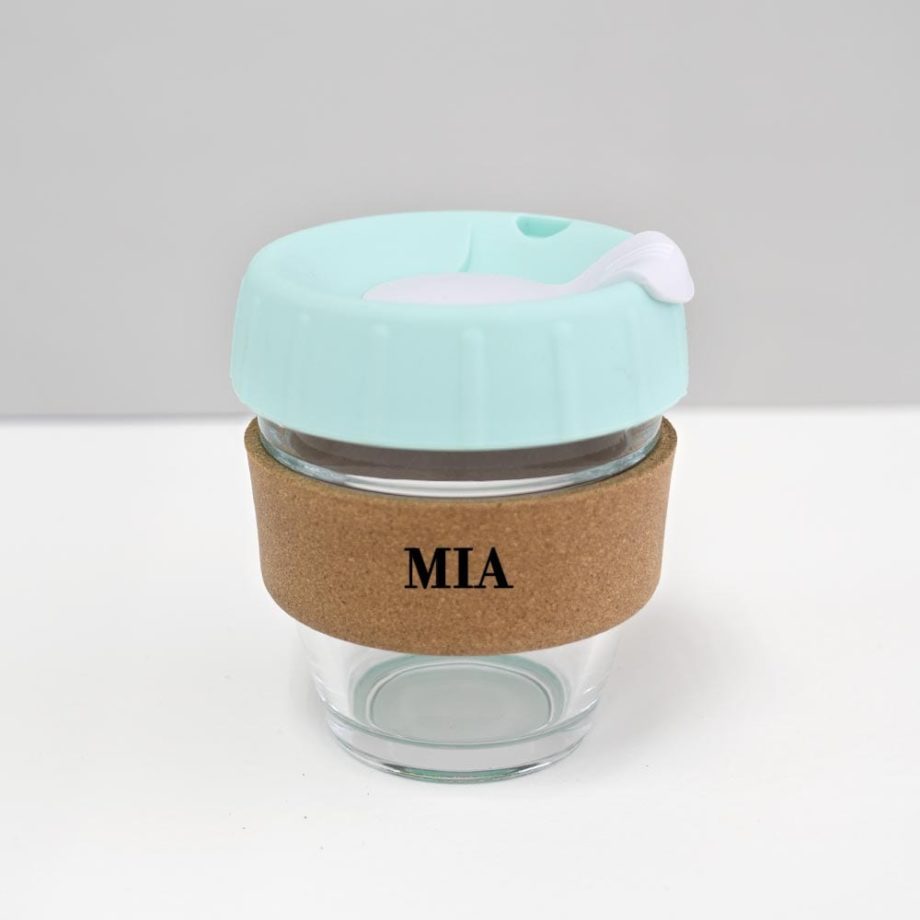 8oz coffee cup with custom name mint lid white plug