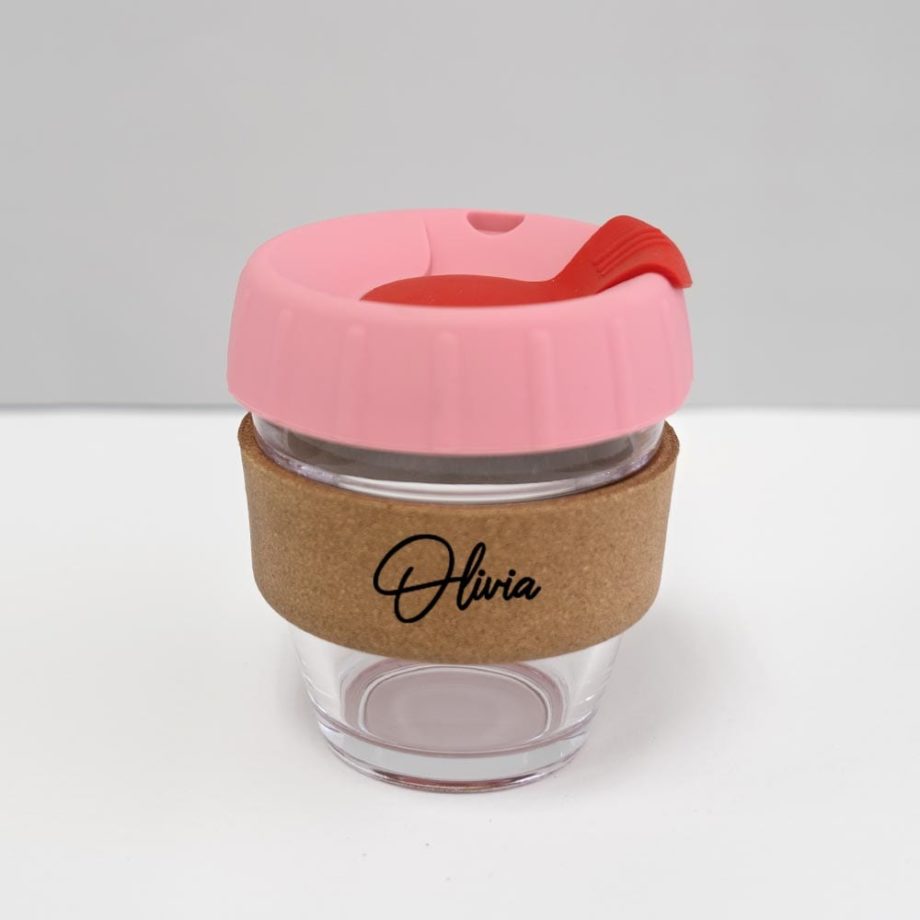 8oz coffee keep cup with custom name pink lid red plug