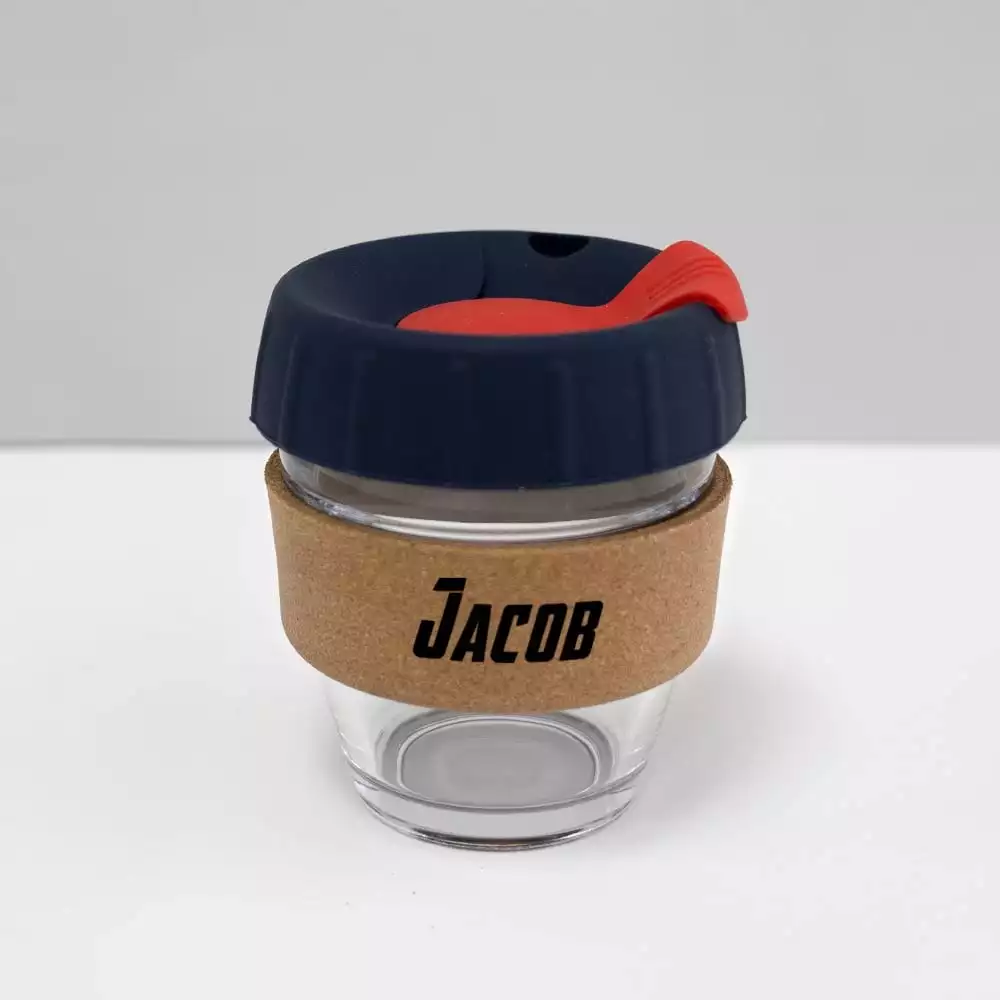 8oz coffee cup with custom name denim blue lid red plug