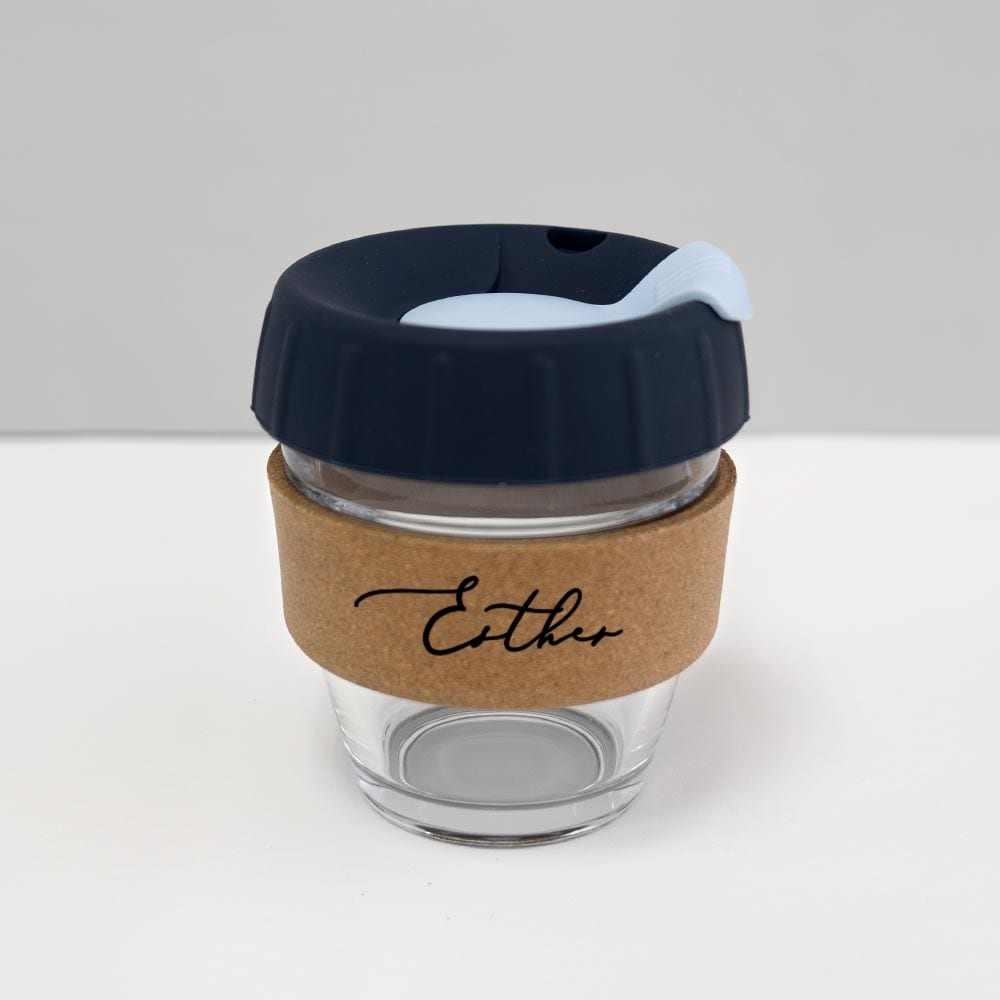 8oz coffee cup with custom name denim blue lid baby blue plug