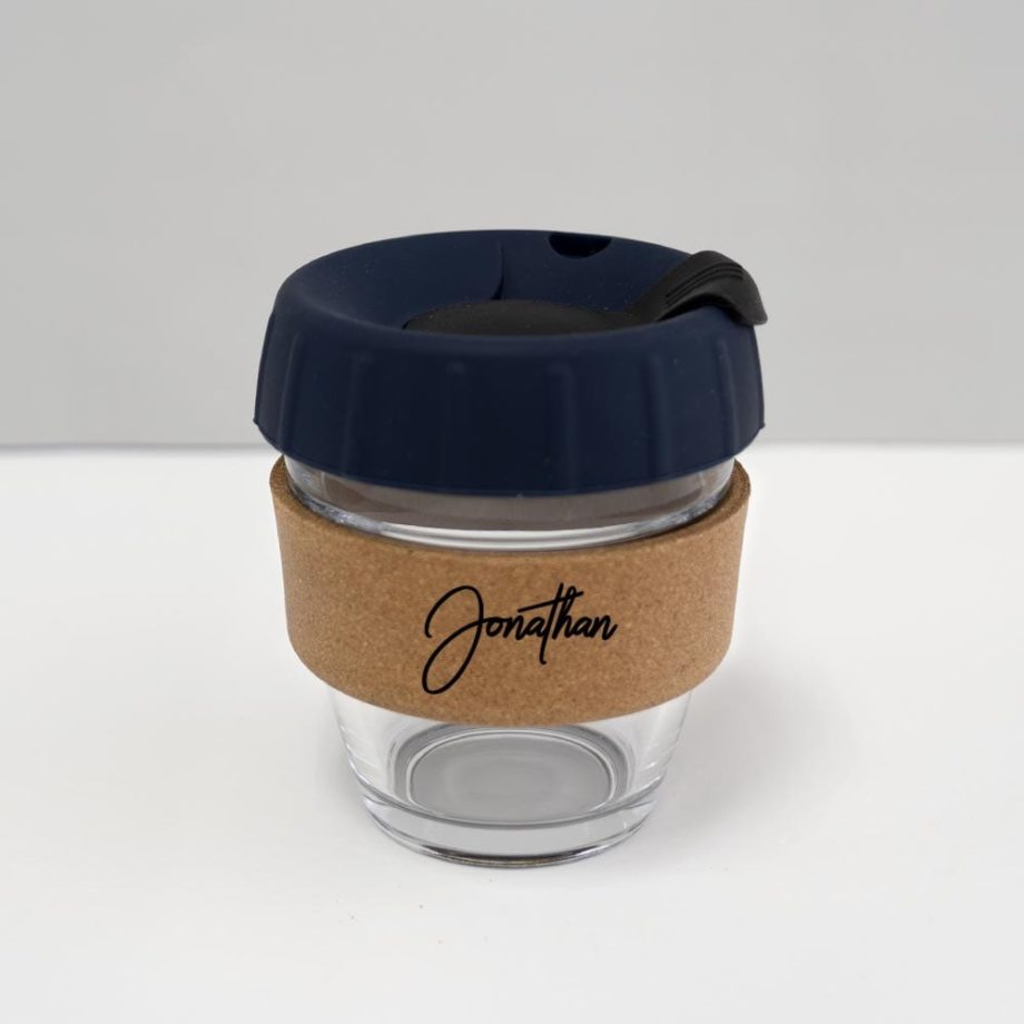 8oz coffee cup with custom name denim blue lid black plug