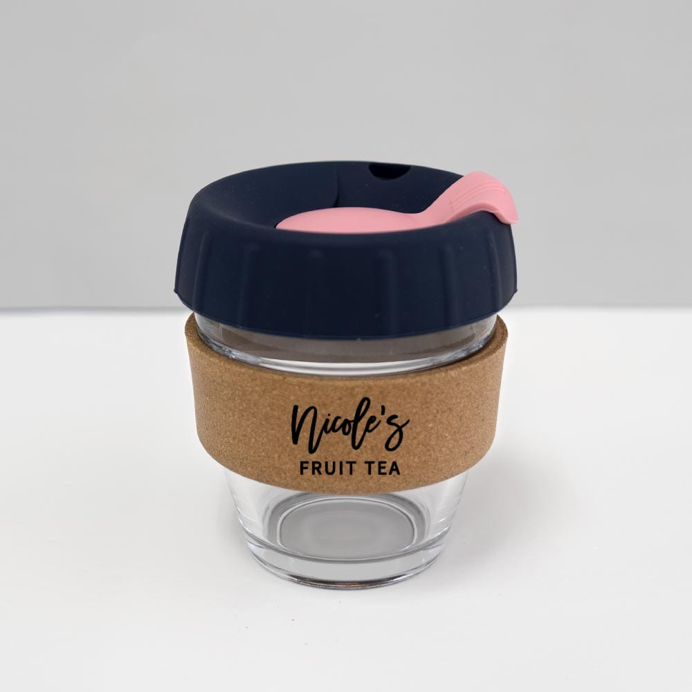 8oz coffee cup with custom name denim blue lid pink plug