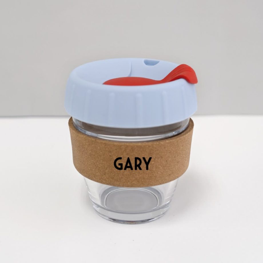 8oz coffee keep cup with custom name baby blue lid red plug