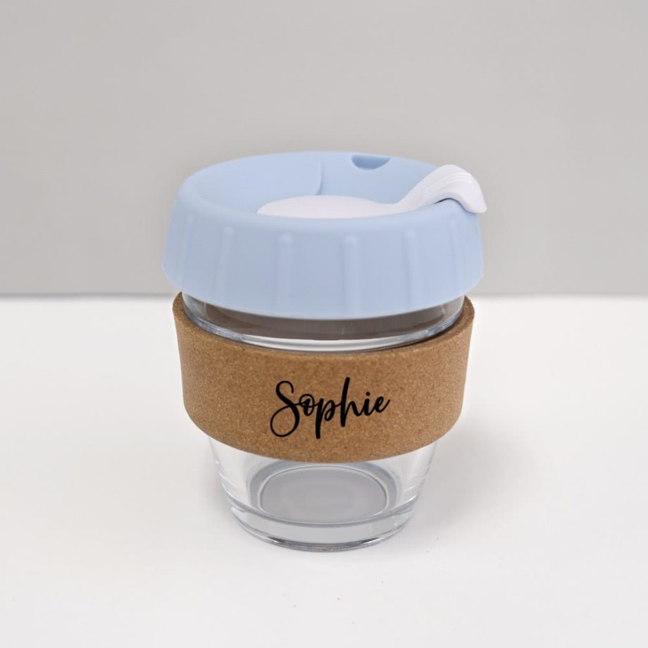 8oz coffee keep cup with custom name baby blue lid white plug