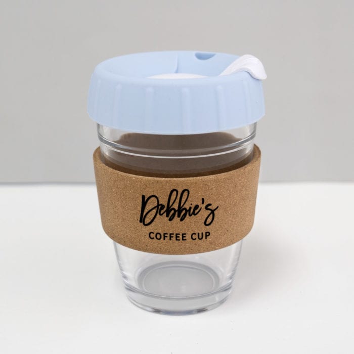 12oz coffee keep cup with custom name baby blue lid white plug