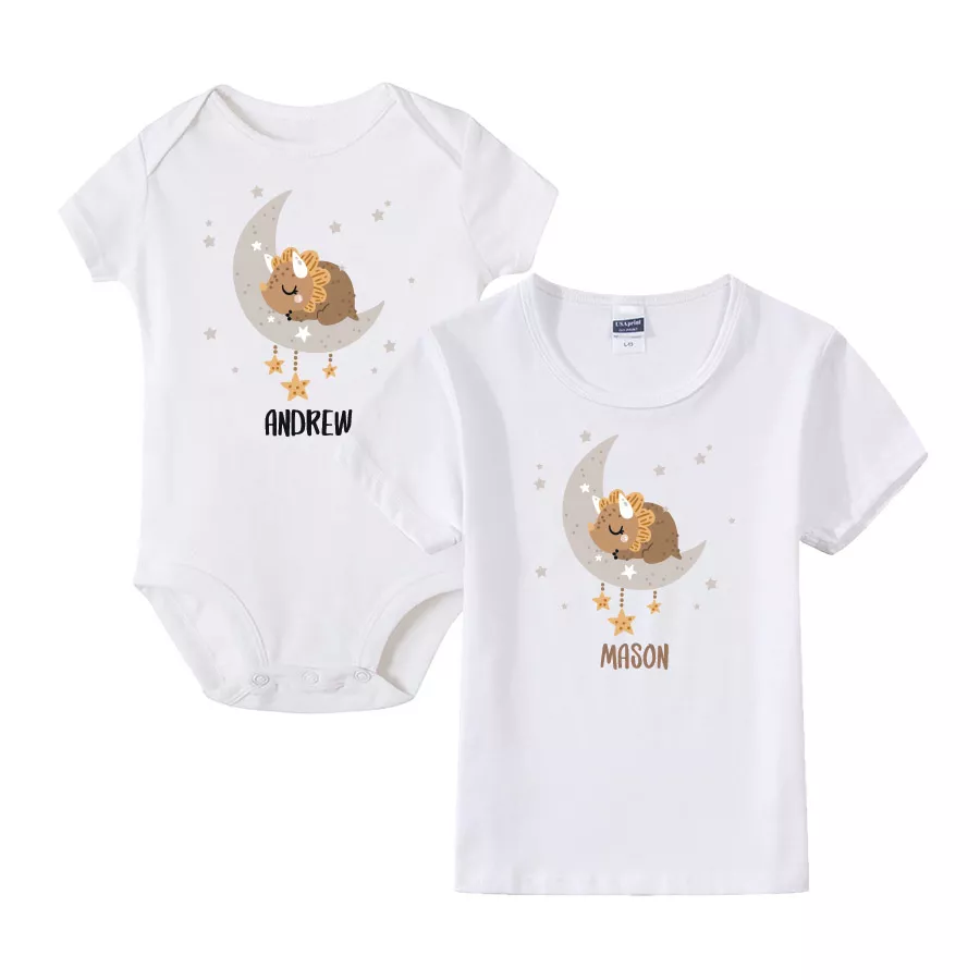 [Custom Name] Cute Chubby Brown Dino Tshirt baby bodysuit white