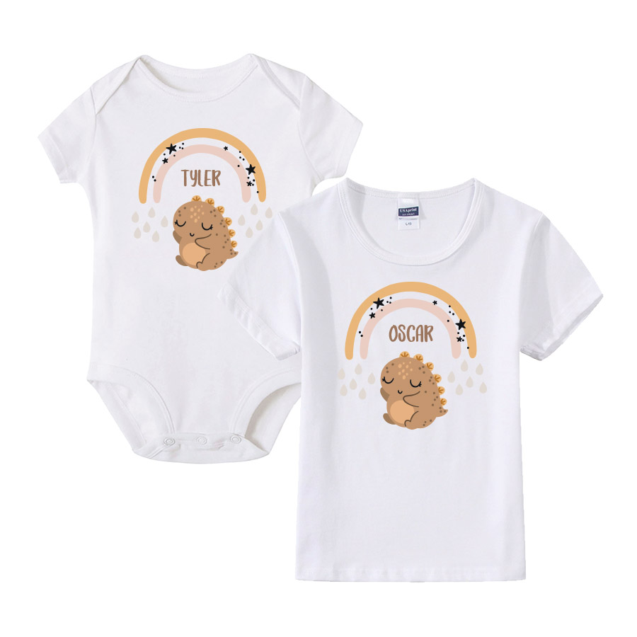[Custom Name] Cute Chubby Brown Dino Tshirt baby bodysuit