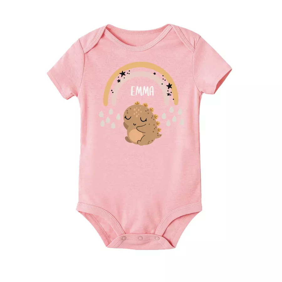 [Custom Name] Cute Chubby Brown Dino Tshirt baby bodysuit pink