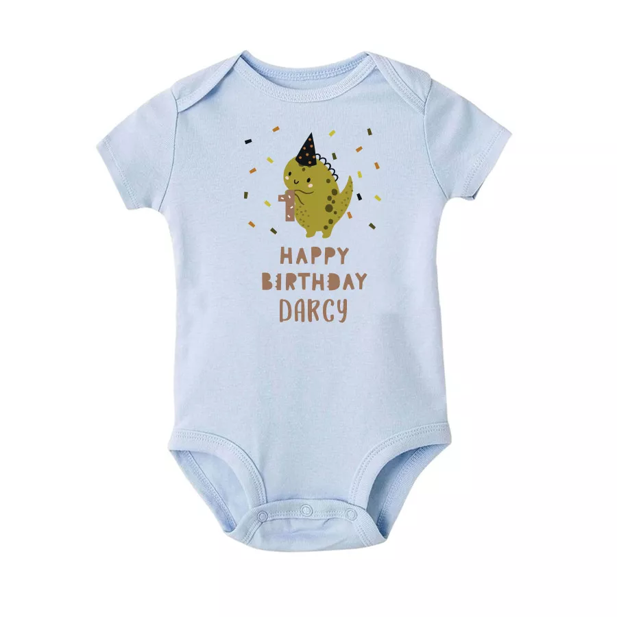 [Custom Name and Age] Dino HAPPY BIRTHDAY design Tshirt baby bodysuit