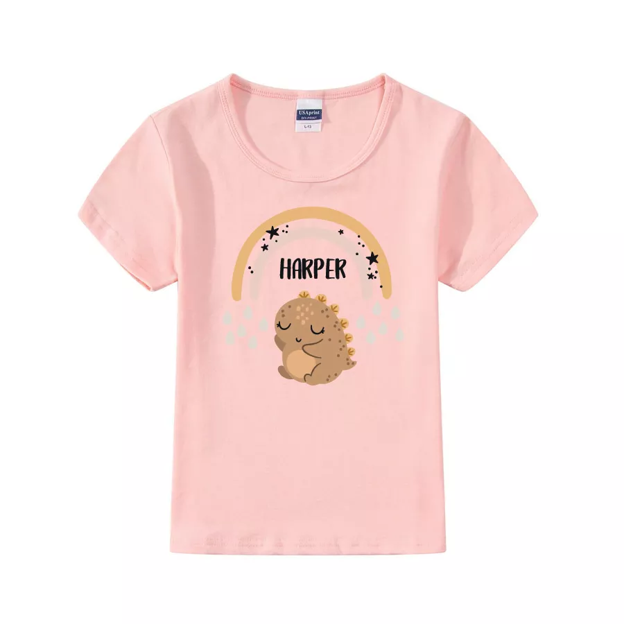 [Custom Name] Cute Chubby Brown Dino Tshirt baby bodysuit blush