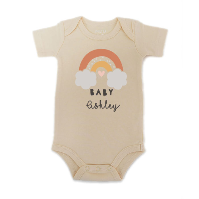 Custom Name Baby Onesie Romper Baby bodysuit Rainbow on the cloud with BABY text Design