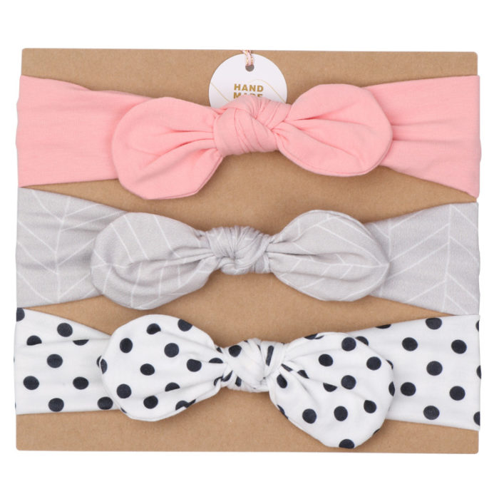 Handmade Knotted Bows Headband (0-24 months) 3pc Set Pink Grey
