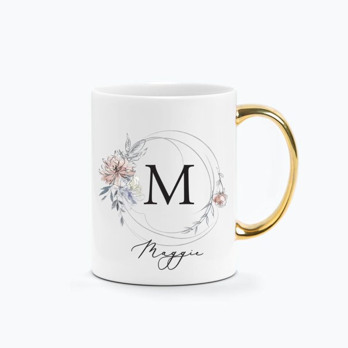 Peony Sketch Floral Monogram Wreath Design Custom Name Printed Mug Mothers Day
