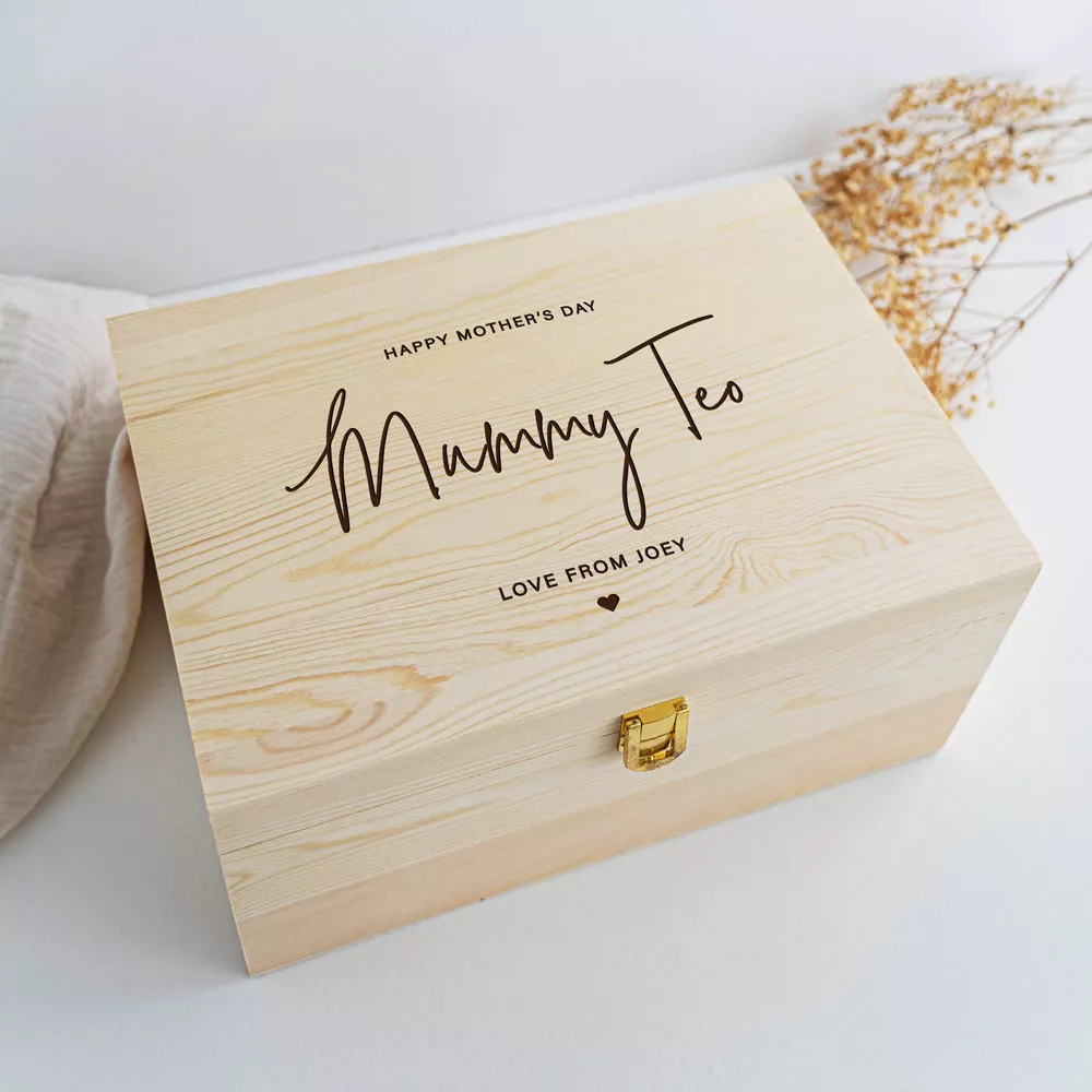 Mother's Day Wooden Keepsake Box - custom name mini heart message design