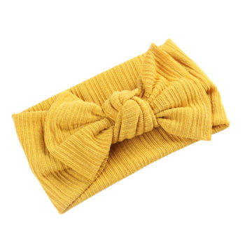 Baby Girl Pre-tied Solid Bow Stretch Textured Fabric Headband - Mustard