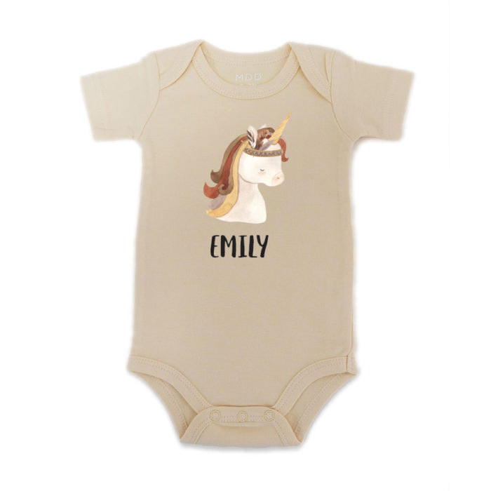 Custom Name Baby Onesie Romper Baby bodysuit Boho Baby Unicorn Design Ivory Color